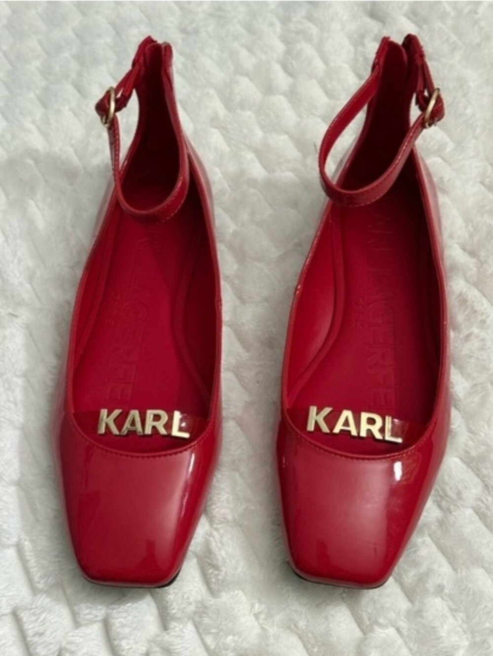 Size5.5 Karl Lagerfeld Red Patent Ankle-Strap Square-Toe Flats Retil 129$
